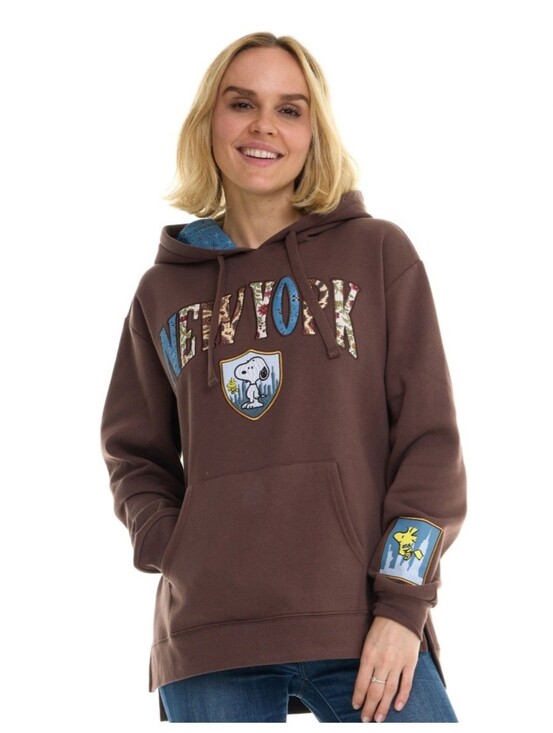 Peanuts Tops - NWT Peanuts Snoopy New York Character Patchwork Destination Hoodie Brown M